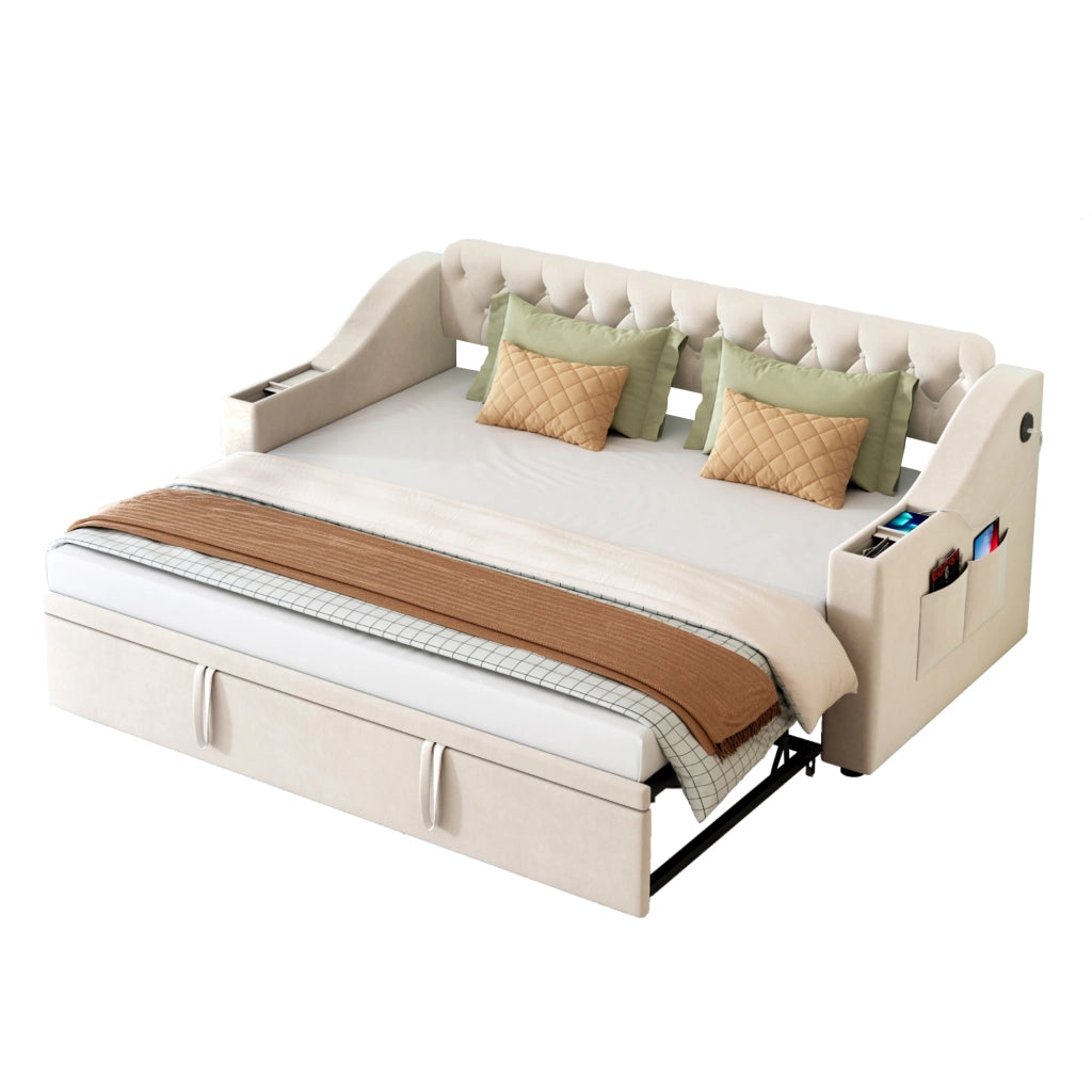 Letto a Divanetto 90x190 cm e 180x190 cm; USB; Type-C e Ripiani; in Velluto Beige