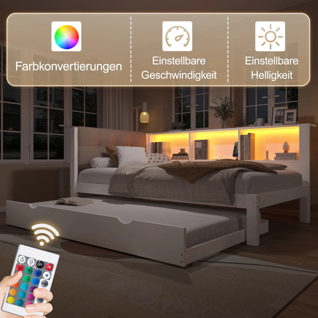 OKWISH Letto a Scomparsa 90×200 cm, Letto Singolo con Letto Estraibile, LED Regolabile, Ripiani e USB, senza Materasso, Legno, Bianco