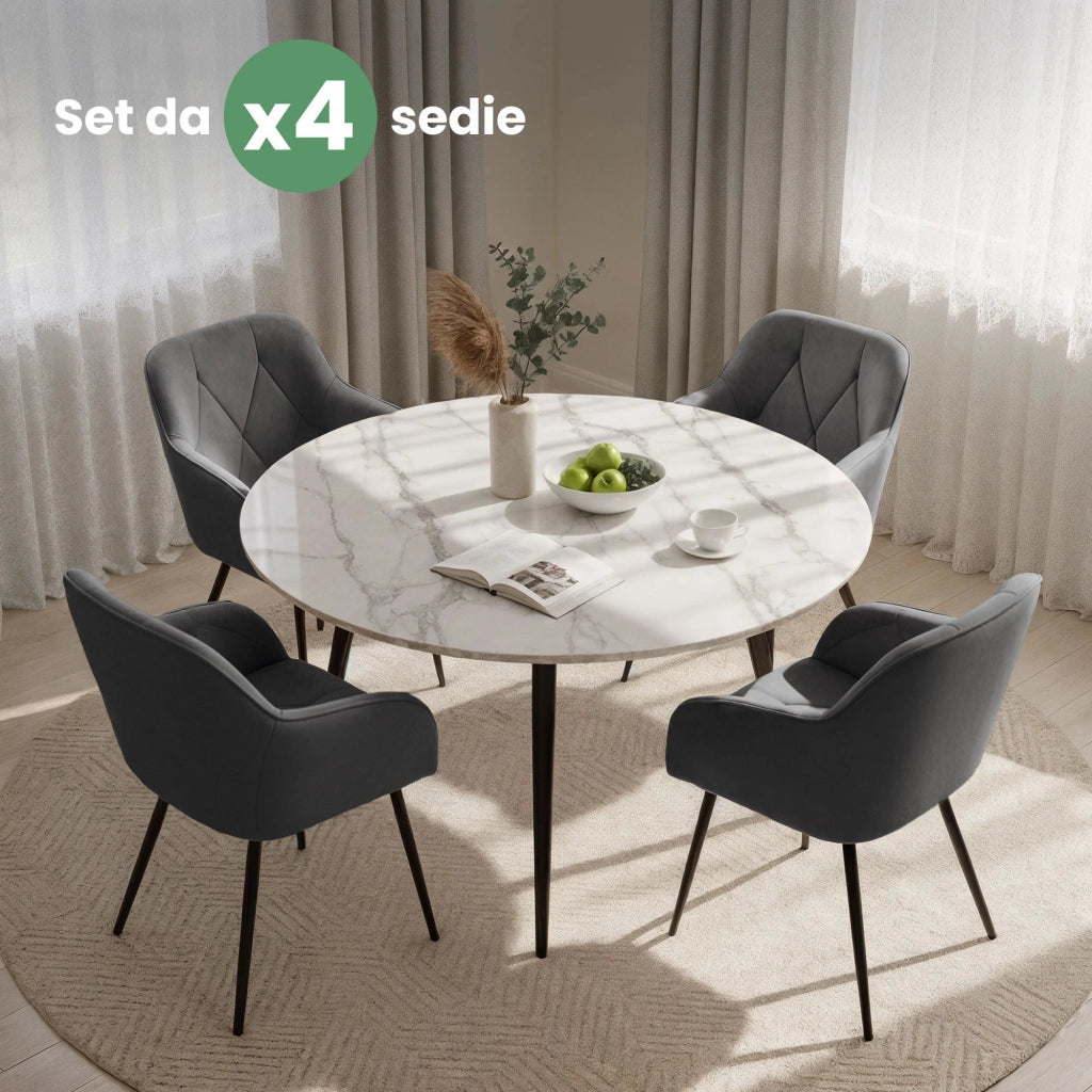Set di 4 Sedie in velluto trapuntato DIAMANTE Grafite gambe nere