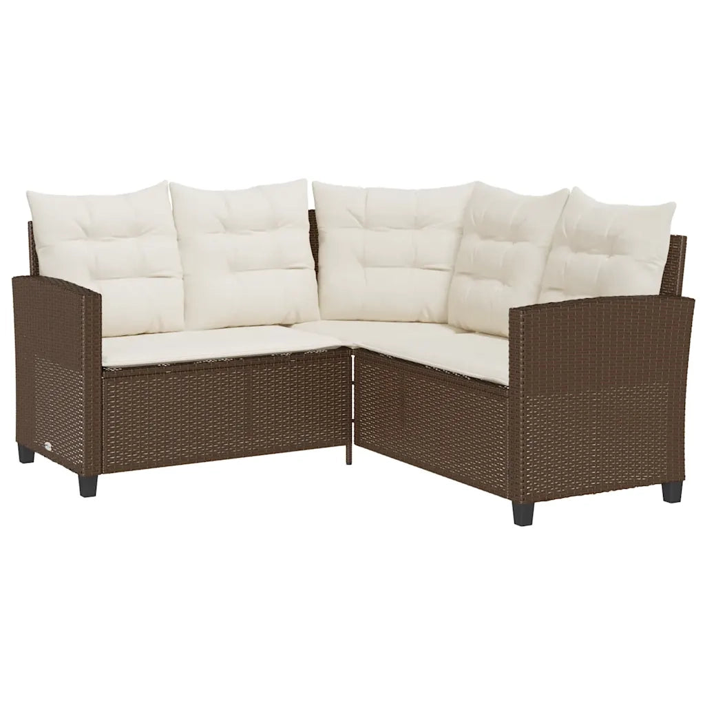 Divano da Giardino con Tavolo e Cuscini a L-Sofa da Giardino-Divano da esterno Marrone Polyrattan 581560