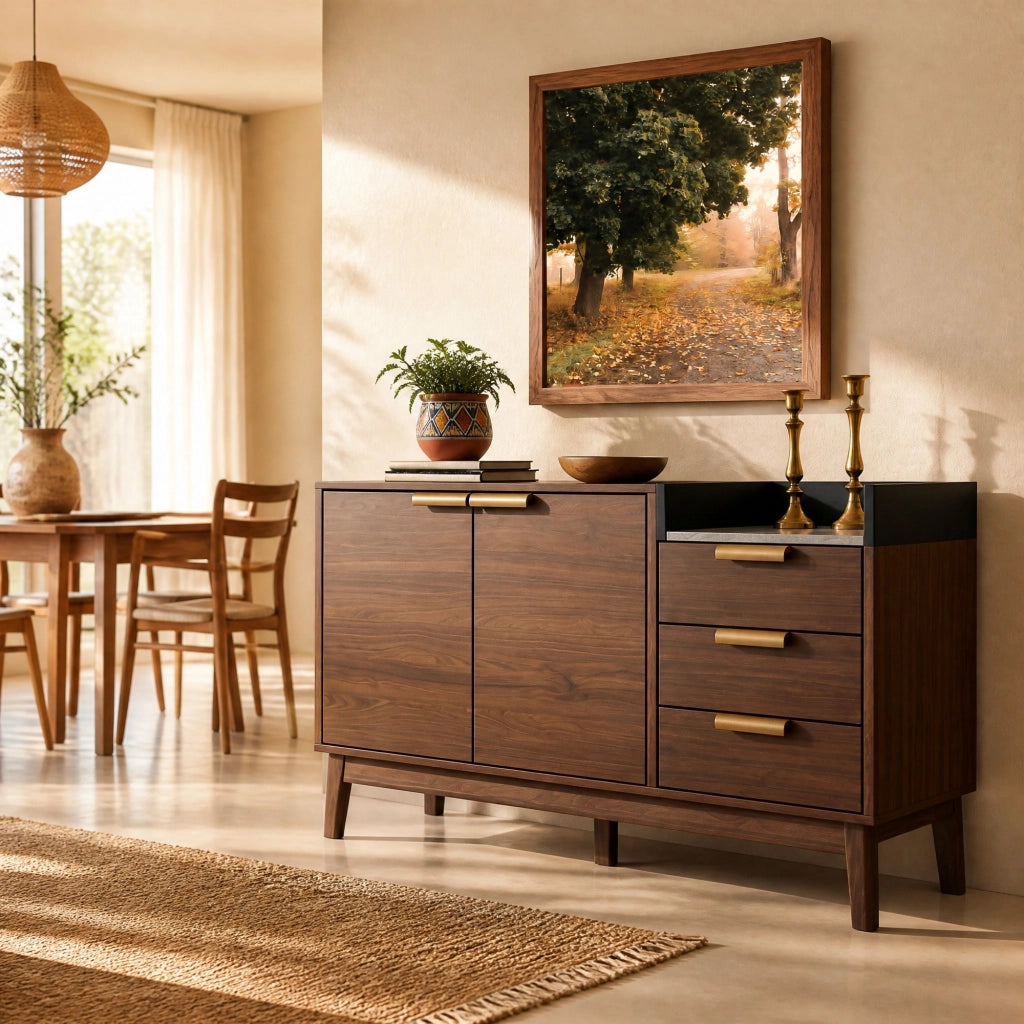 CASSETTIERA 120x40x77 cm in rovere scuro con piano effetto marmo e 3 cassetti