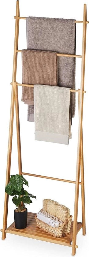 Supporto per asciugamani a 4 stanghe e pannelli, posizionato in piedi - HBD 153 x 535 x 30 cm - bambù - supporto per asciugamani per la stanza da bagno naturale