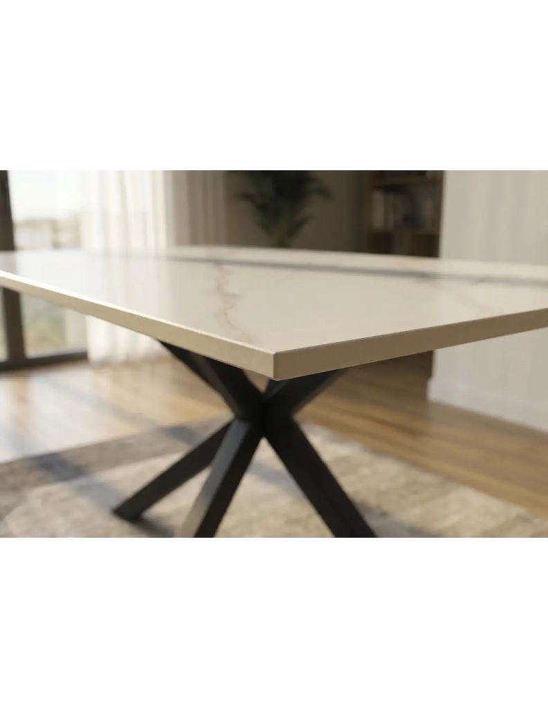 Table SOLARA 180 cm in ceramica effetto marmo bianco con piede a stella nero – 8 posti