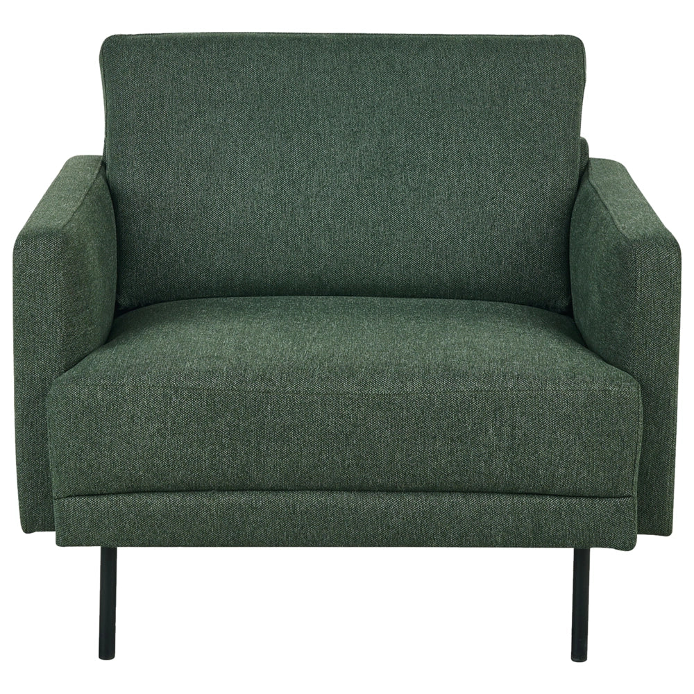 Poltrona moderna imbottita in tessuto verde scuro con gambe in metallo stile moderno e minimalista