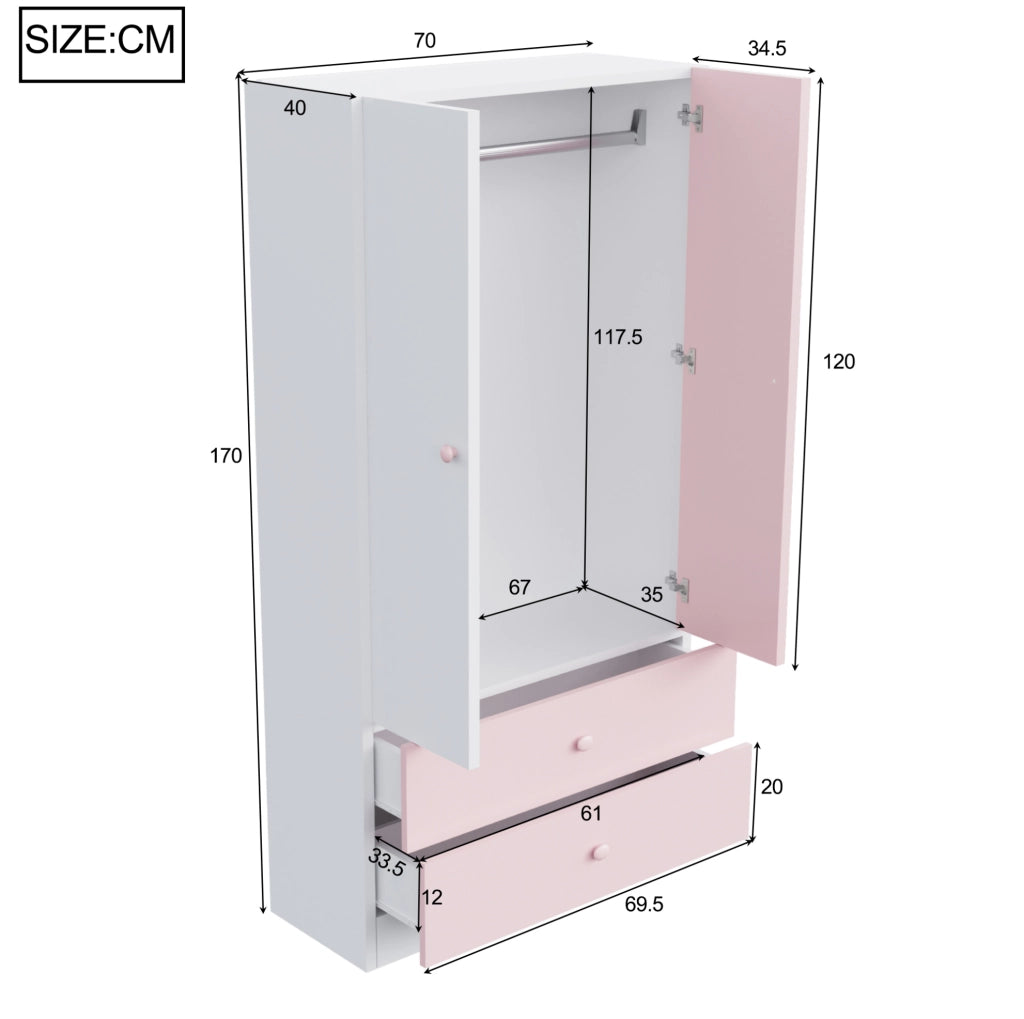 Armadio guardaroba singolo 70 x 40 x 170 cm con due cassetti; rosa e bianco