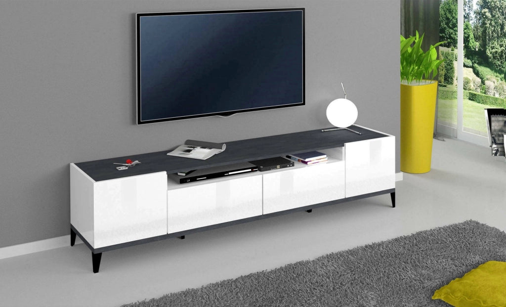 Abina, Mobile Porta tv 2 Cassetti Made in Italy, 200x40x47h cm Bianco Lucido