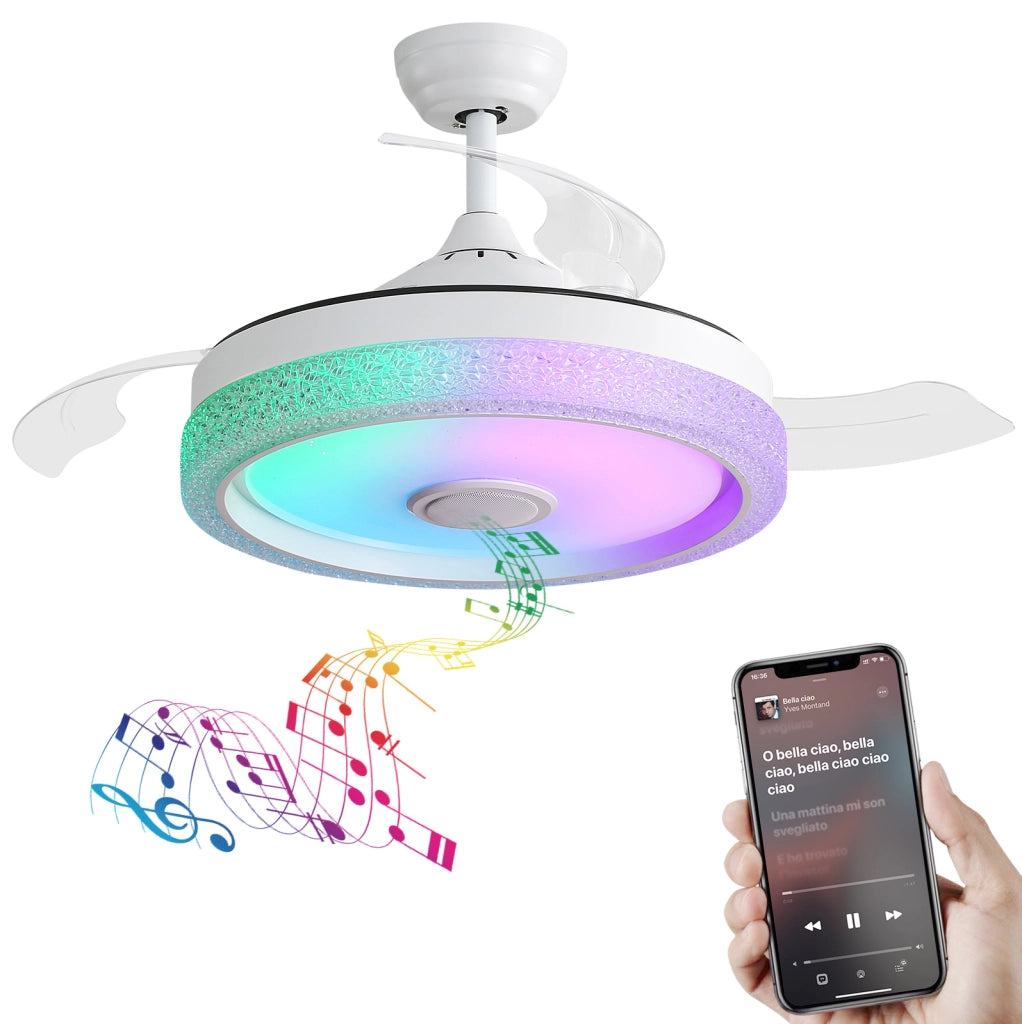 Ventilatore da soffitto 55.0x55.0x30.0 cm con luce LED RGB e altoparlante Bluetooth in PC bianco