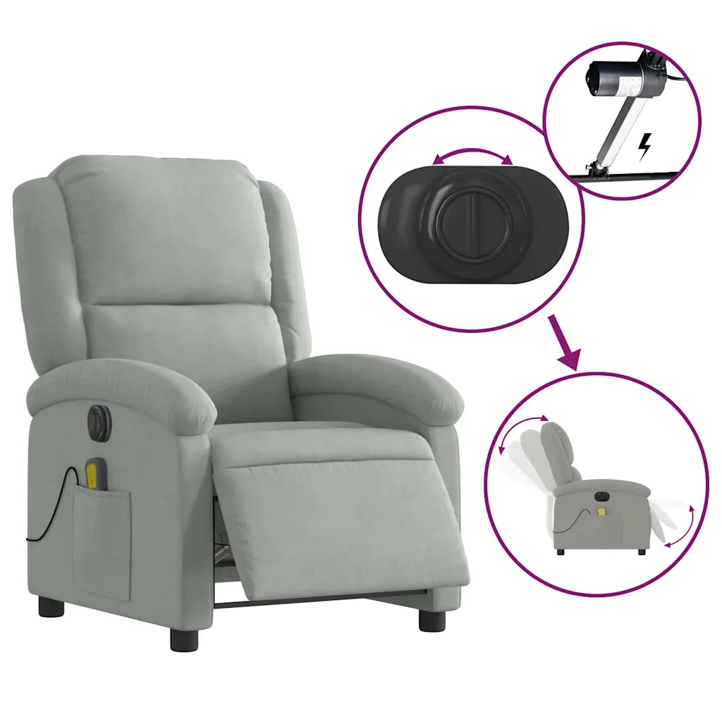 Poltrona | Sedia Relax Elettrica Massaggi Reclinabile Grigio Chiaro Velluto