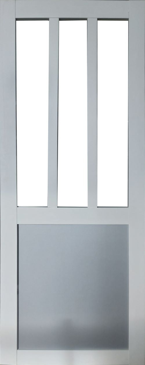 Porta Scorrevole Officina Bianca e Finestra con Pannelli Grigio RAL7035 H204 x L73 + Binario in Alluminio Nero e 2 Gusci