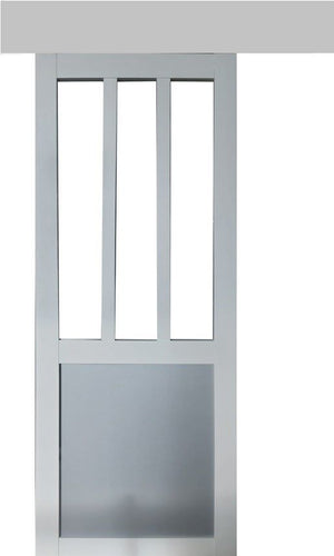 Porta Scorrevole Officina Bianca e Finestra a Pannelli Grigio RAL7035 H204 x L83 + Binario in Alluminio e 2 Gusci