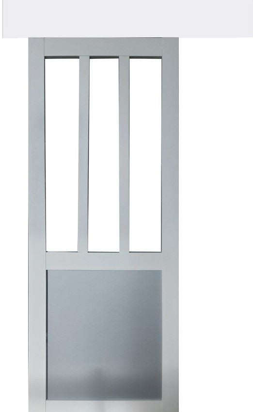 Porta Scorrevole Officina Bianca e Finestra a Pannelli Grigio RAL7035 H204 x L73 + Binario in Alluminio Striscia Bianca e 2 Gusci