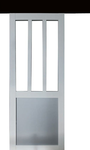 Porta Scorrevole Officina Bianca e Finestra con Pannelli Grigio RAL7035 H204 x L73 + Binario in Alluminio Nero e 2 Gusci