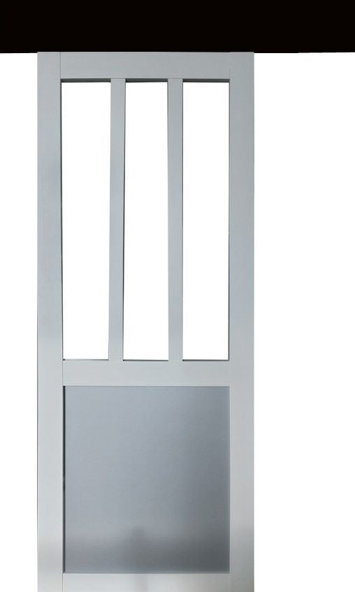 Porta scorrevole da officina bianca e finestra con pannelli grigi RAL7035 H204 x L83 + binario in alluminio nero e 2 gusci