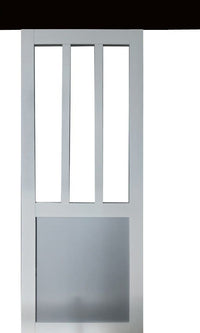 Porta scorrevole da officina bianca e finestra con pannelli grigi RAL7035 H204 x L83 + binario in alluminio nero e 2 gusci