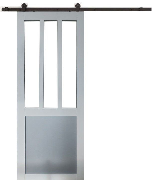 Porta Scorrevole Officina Bianca e Pannelli Vetro Grigio RAL7035 H204 x L83 + Rullo Nero e 2 Gusci