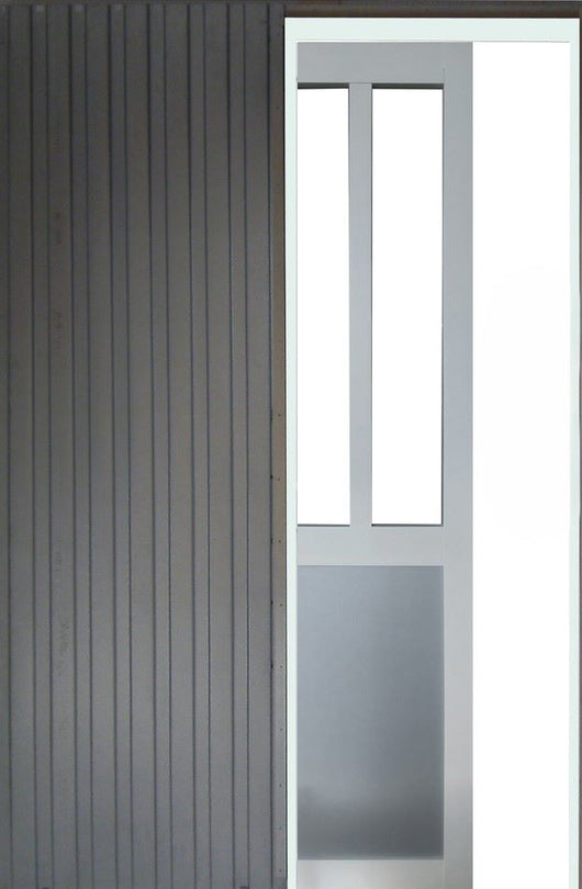 Porta Scorrevole Workshop Bianca e Pannelli Vetro Grigio RAL7035 H204 x L73 + Sistema Pocket e kit di finitura inclusi