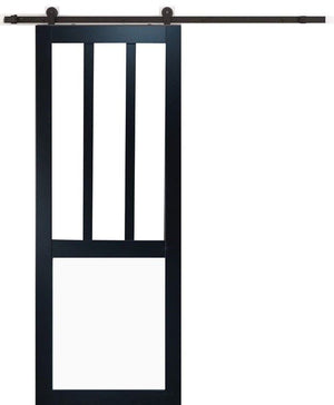 Porta Scorrevole Officina Nera e Finestra a Pannelli Bianchi H204 x L73 + Guida a Rulli Nera e 2 Gusci