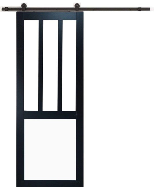 Porta Scorrevole Officina Nera e Finestra a Pannelli Bianchi H204 x L83 + Guida a Rullo Nera e 2 Gusci