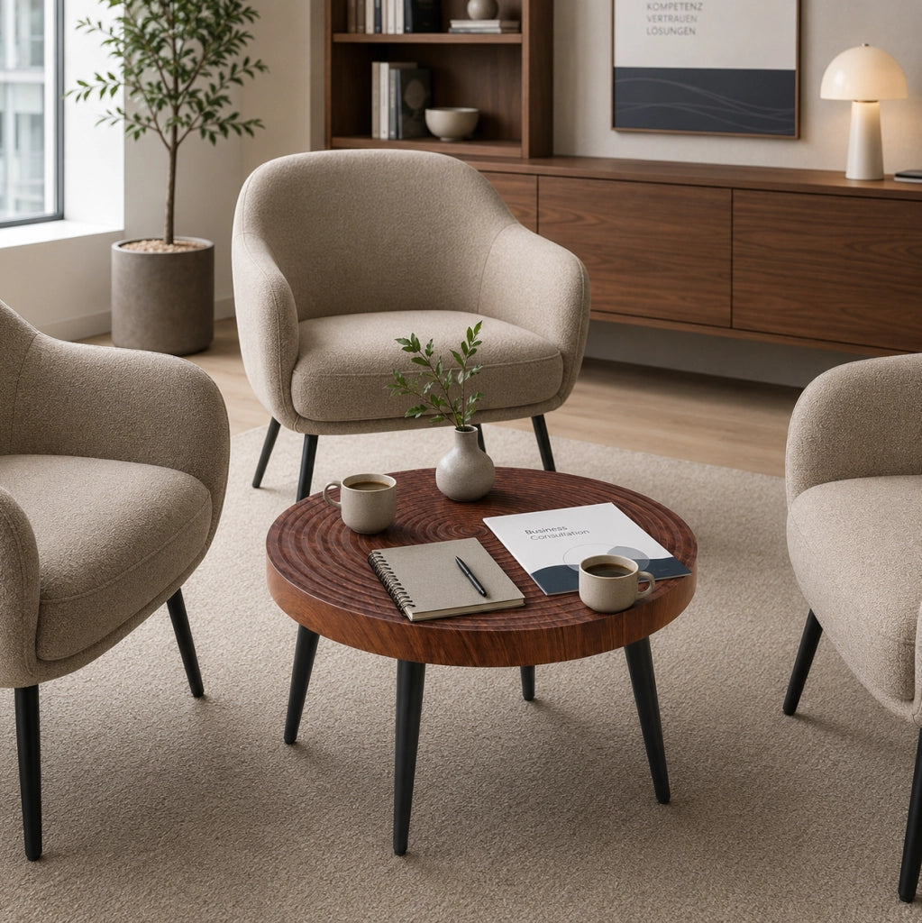 Tavolino rotondo 73.99x73.61x22.5 cm con piano spesso 5 cm; gambe in metallo; noce