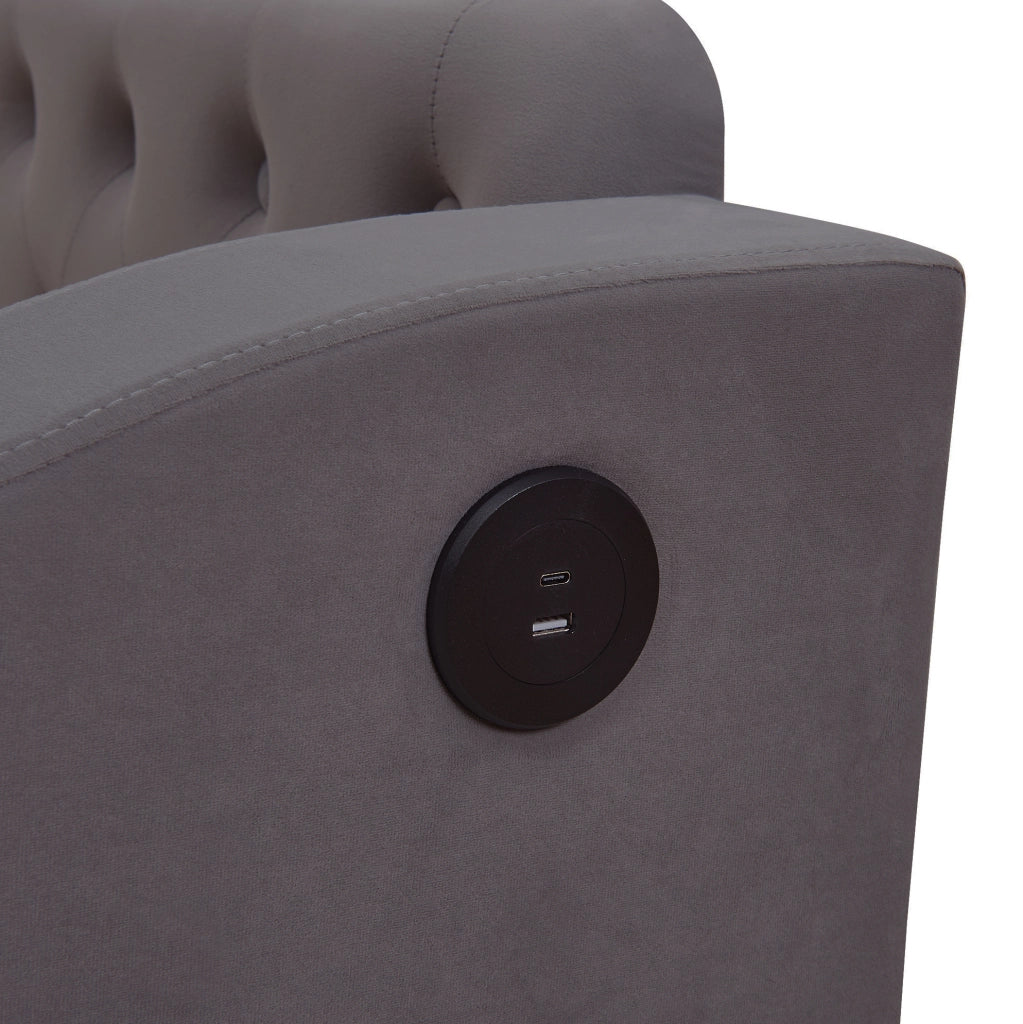 Divano letto imbottito estraibile 90x190 cm in velluto grigio con porte USB e vani contenitore