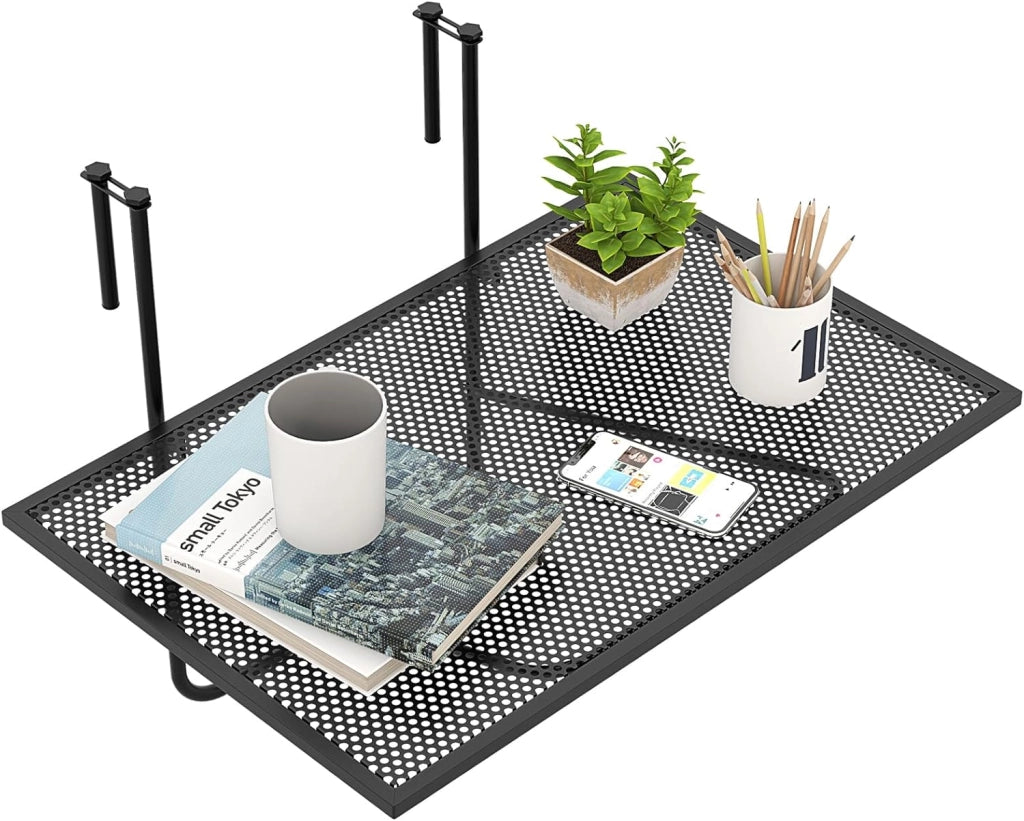 Tavolo da Balcone Appeso, Tavolo Pieghevole per Ringhiere fino a 6 cm di Spessore, Tavolino Salvaspazio per Ringhiere Esterne con Telaio in Metallo per Patio, Portico, Terrazza, Nero