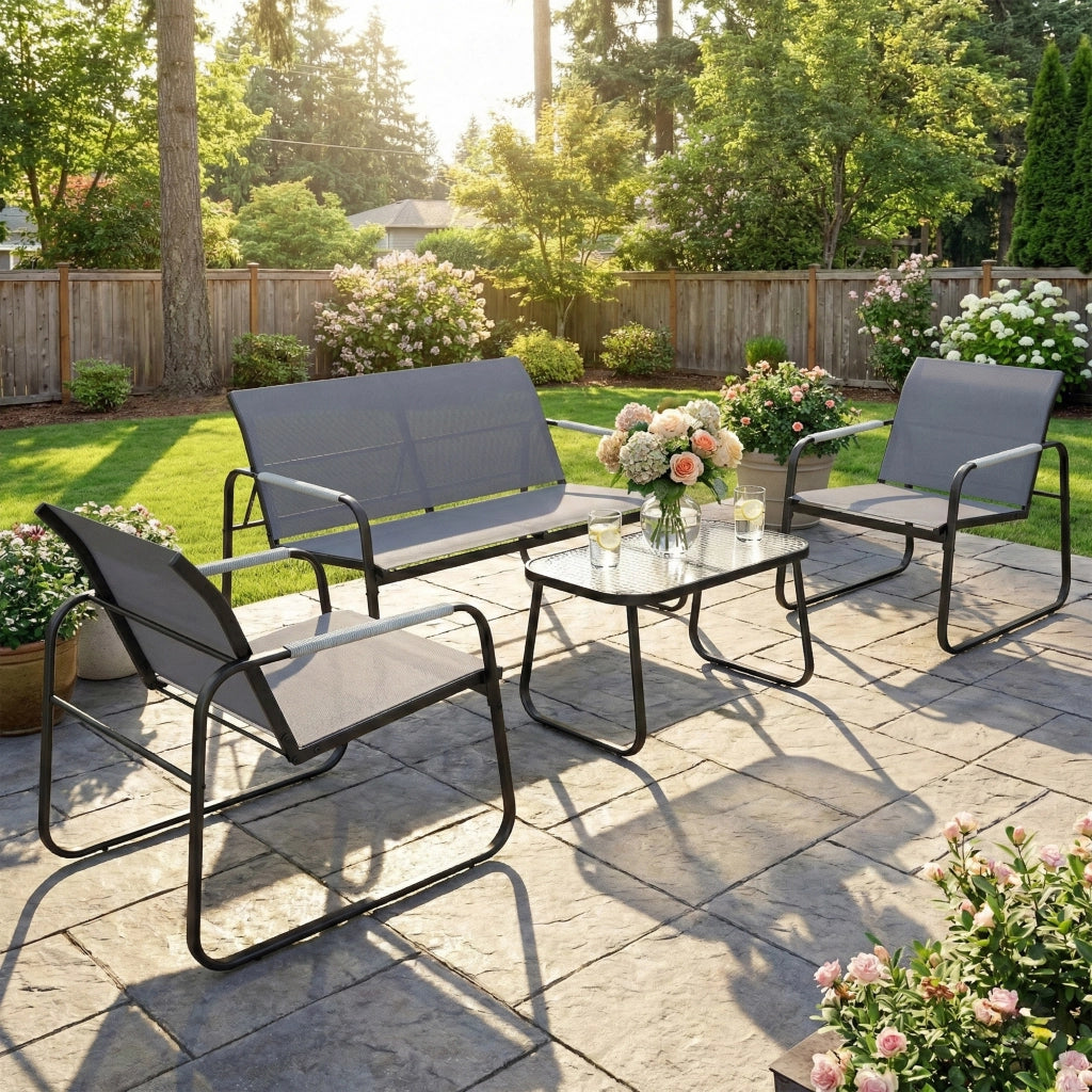 Set 4 Pezzi da Giardino con Divano 2 Posti 2 Sedie e Tavolino Struttura in Metallo Grigio