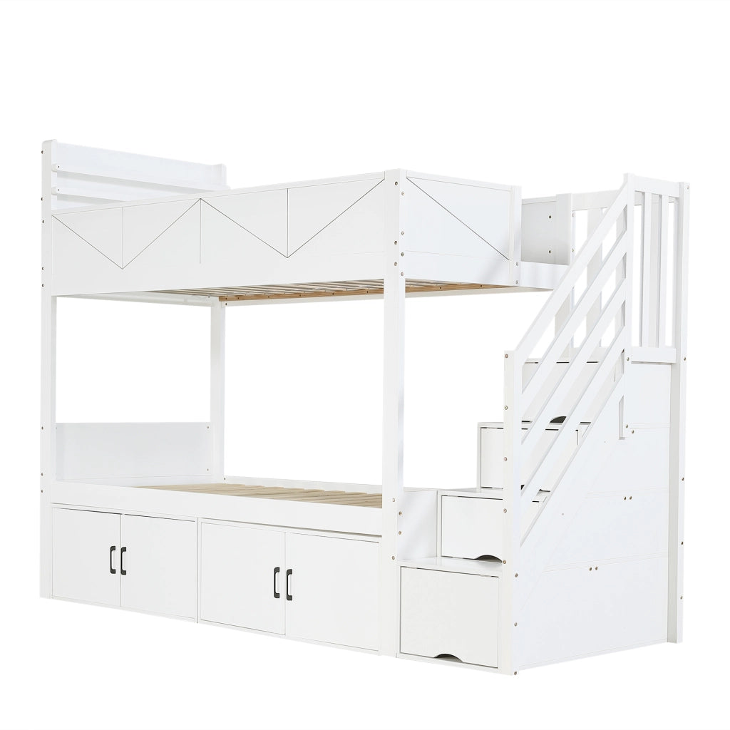 Letto a castello per bambini 90 × 200 cm con scala contenitore in legno bianco e vani chiusi integrati