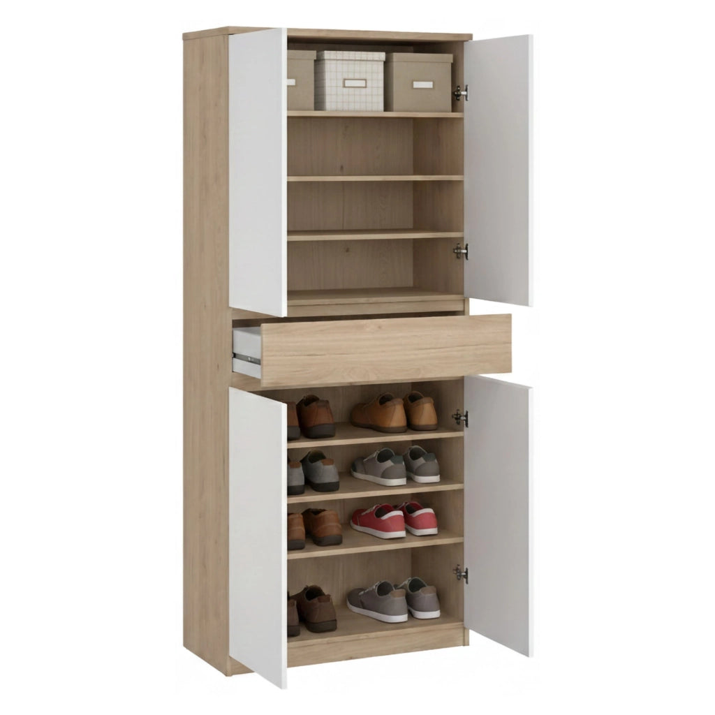 Scarpiera Jangmi, Mobile portascarpe, Armadio da ingresso multiuso, Mobiletto per calzature, 80x40 h192 cm, Rovere e Bianco