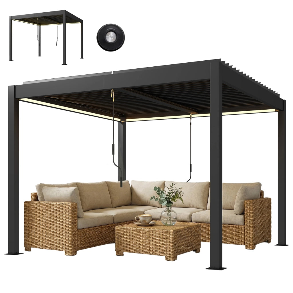 Pergola in alluminio 3x3 m con tetto a lamelle regolabile e illuminazione LED ¨C zephmum ¨C Grigio