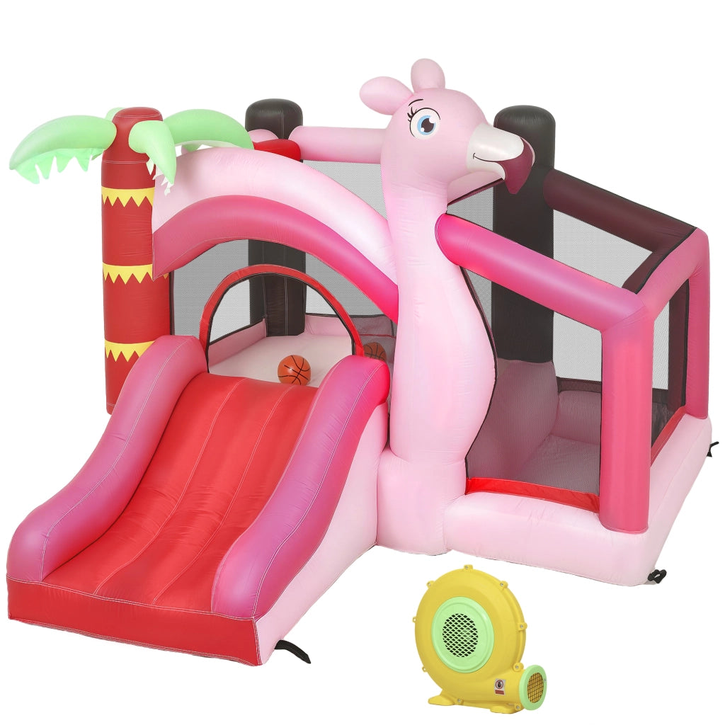 Castello Gonfiabile per Bambini 255x230x196 cm con Scivolo Trampolino Vasca di Palline e Canestro Basket Rosa