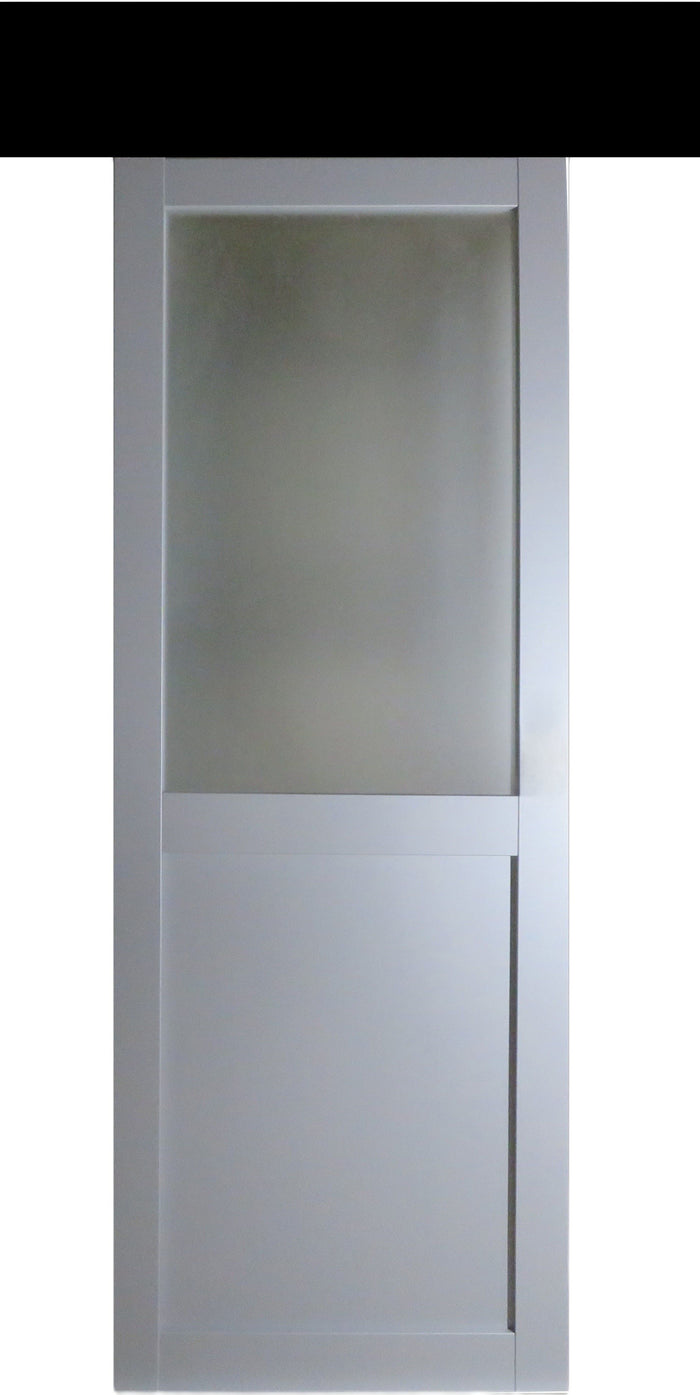 Porta scorrevole Athena Style Atelier En Enrobe Gris Clair Largeur 83 + Rail Alu Bandeau Noir + 2 Coquilles Posees