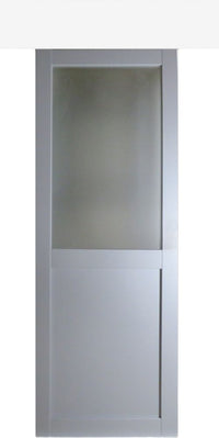 Porta scorrevole Athena Style Atelier En Enrobe Gris Clair Largeur 83 + Rail Alu Bandeau blanc + 2 Coquilles Posees