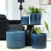 VASO PORTAPIANTE in ceramica Ø 31 cm Blu scuro lucido con rilievo