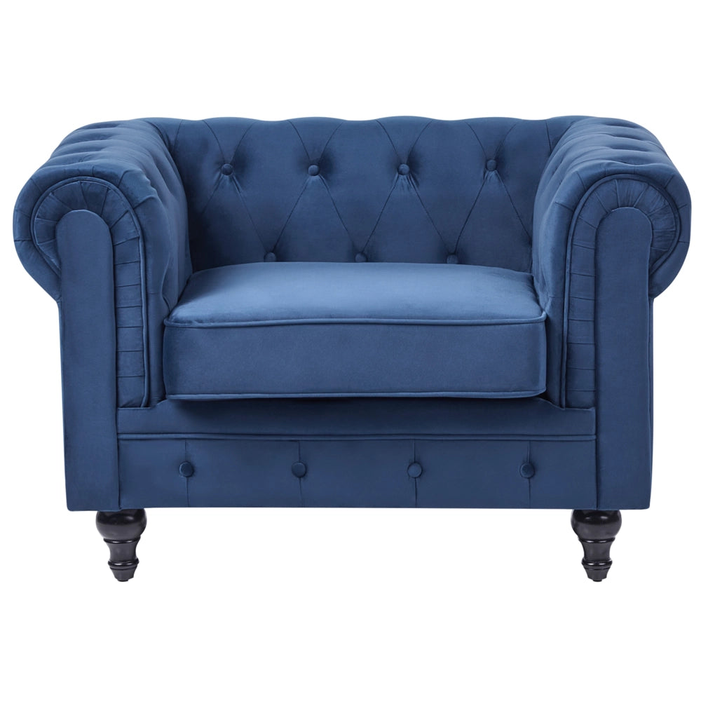 Poltrona Chesterfield Rivestimento in Tessuto Velluto Blu Gambe in Legno Scuro Contemporaneo