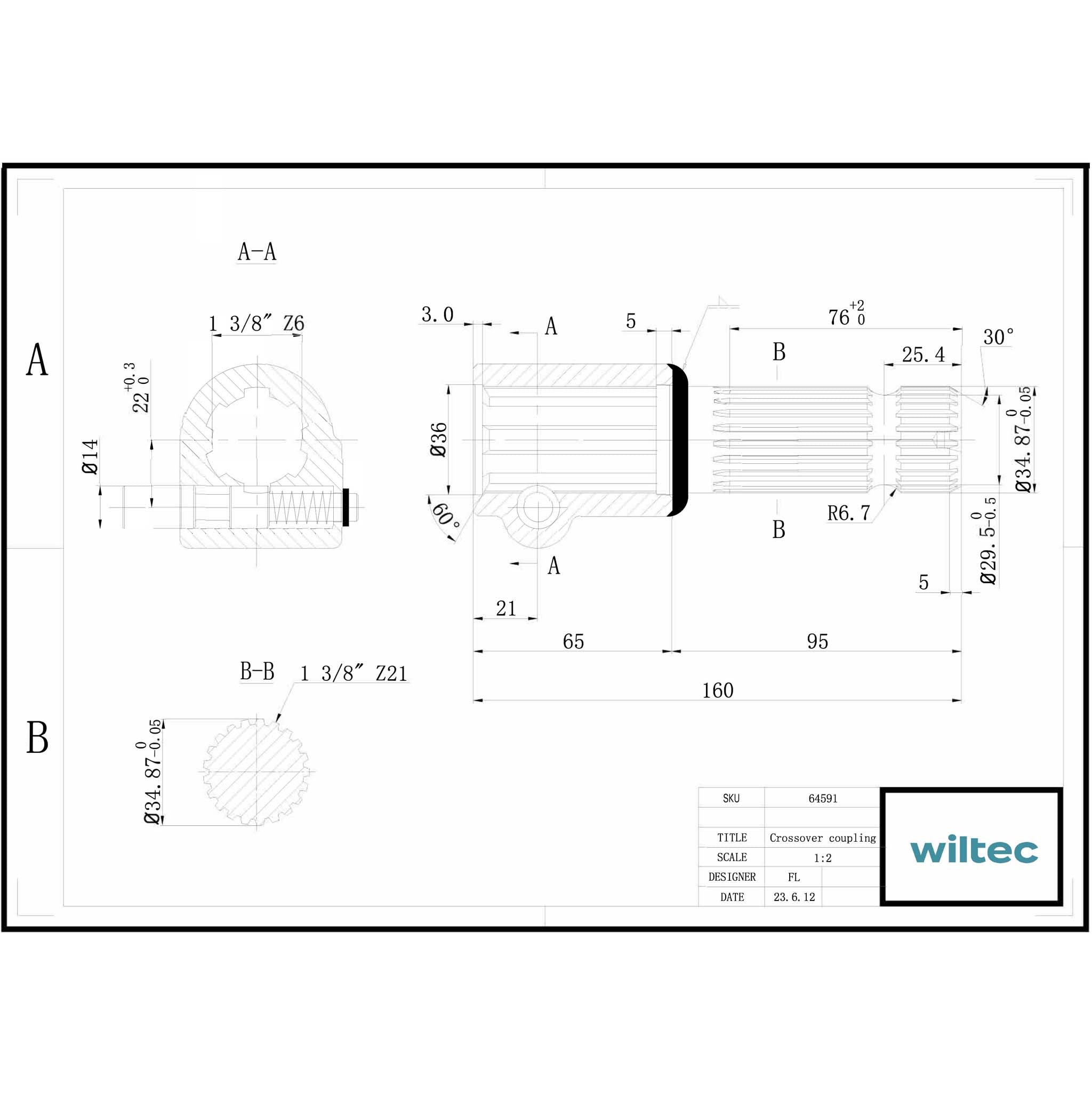 Boccola albero cardanico 160mm Attacco albero scanalato 1 3/8" 6D Albero uscita 1 3/8" 21D