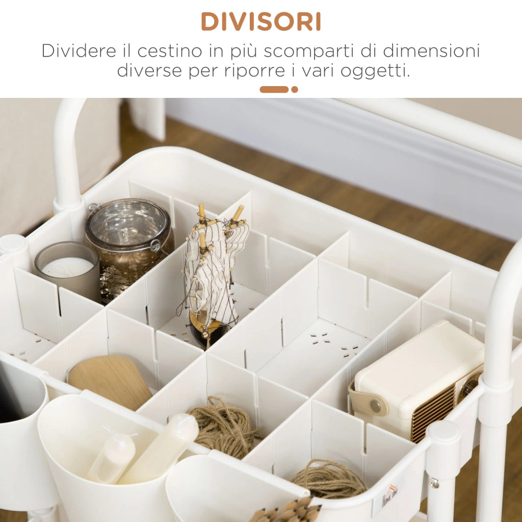 Carrello da Cucina Multiuso a 3 Livelli con Cestini e Ganci Rimovibili Ripiano con 12 Divisori in Acciaio e ABS Bianco