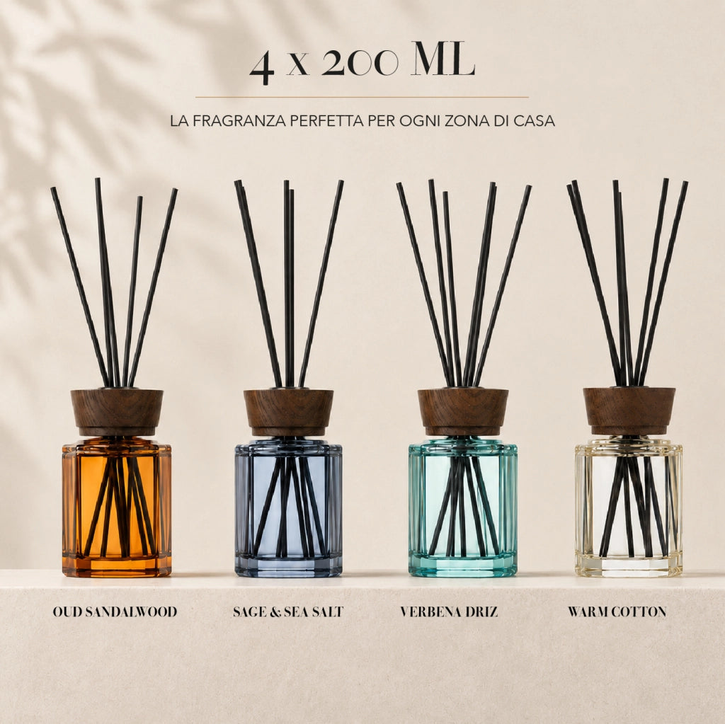 Set 4 Pezzi Diffusori Ambiente con Bastoncini Profumatori Casa 4 Fragranze 100 ml o 200 ml  200 ml