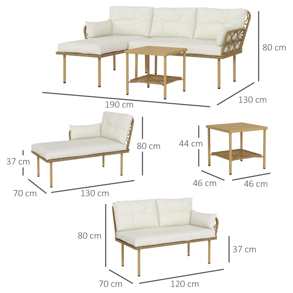 Set da Giardino 3pz con Chaise Longue, Divanetto, Cuscini e Tavolino, in Rattan e Acciaio, Bianco Crema e Legno