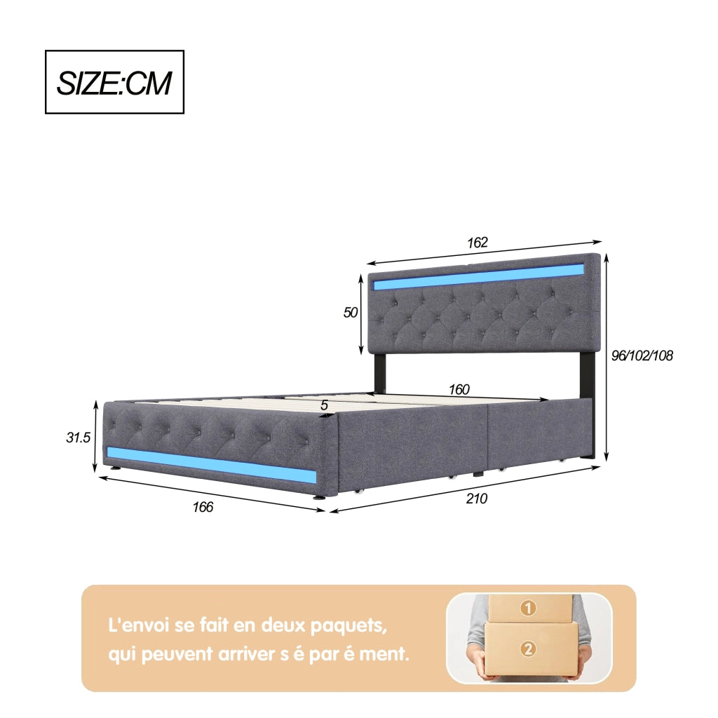 Letto matrimoniale 160x200 cm con LED; USB e vani contenitore grigio scuro