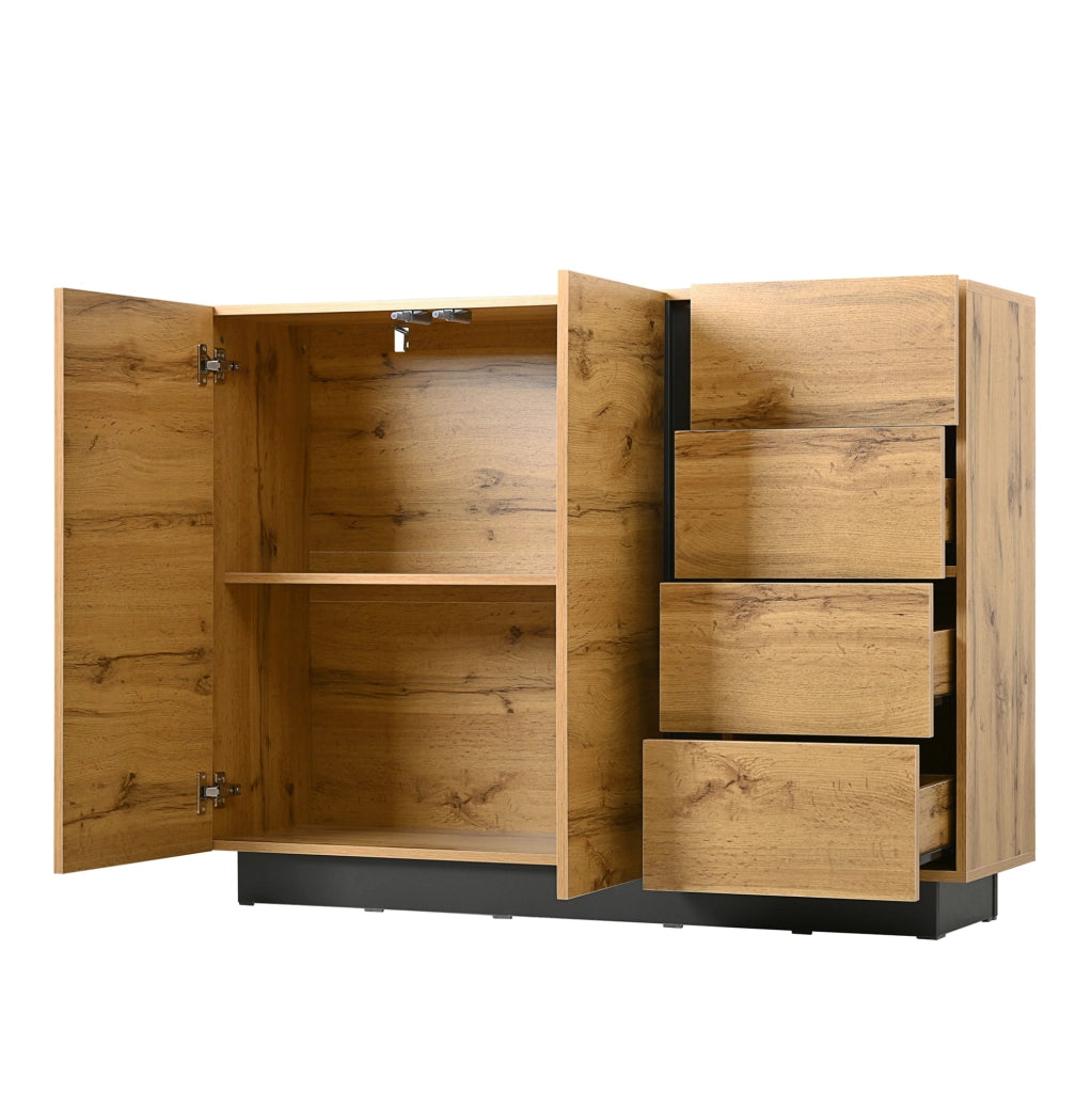 Credenza 120 cm con 2 ante e 4 cassetti nero e naturale