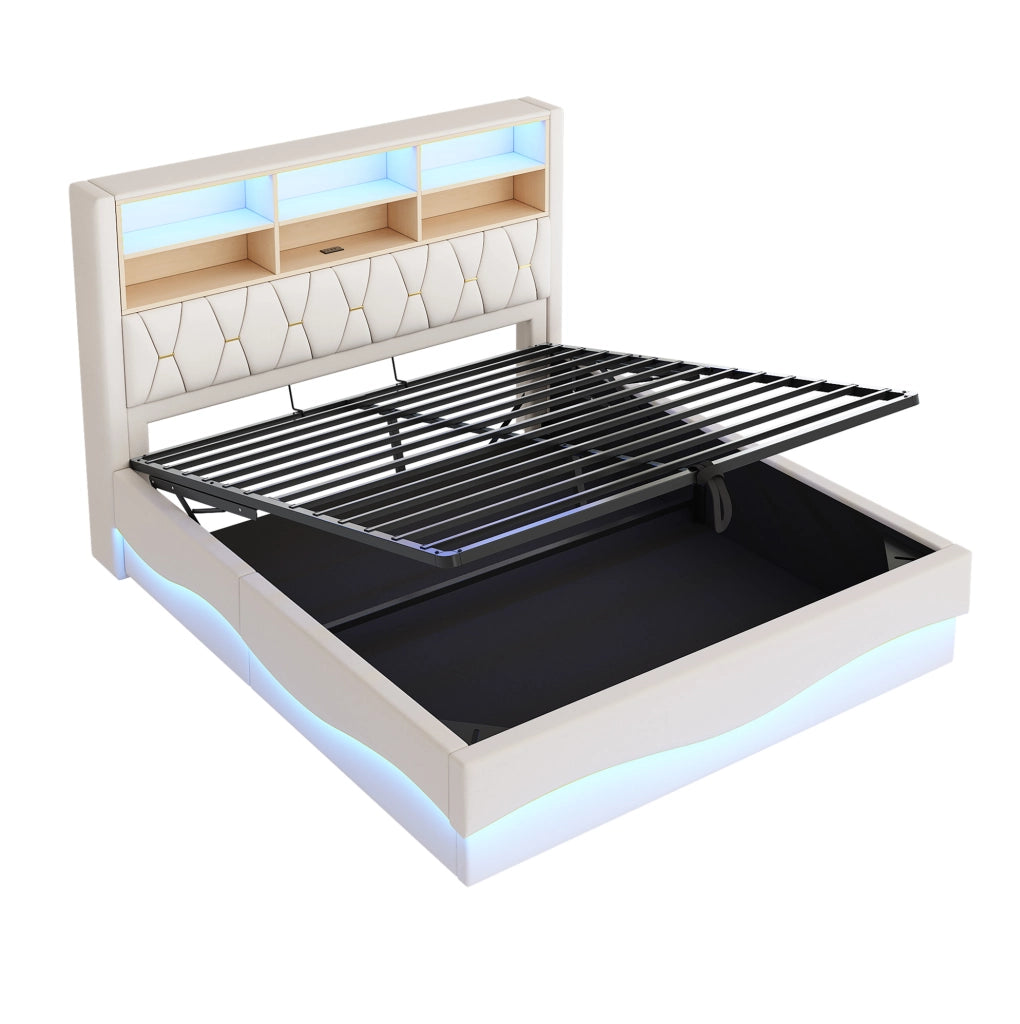 Letto matrimoniale 180x200 cm con contenitore; LED controllabile via app; USB e rivestimento in lino beige