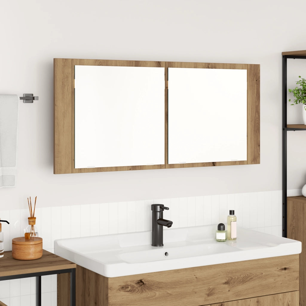 Mobiletto Specchiera LED Rovere Artisanale 100x12x45 cm Legno Ingegnerizzato