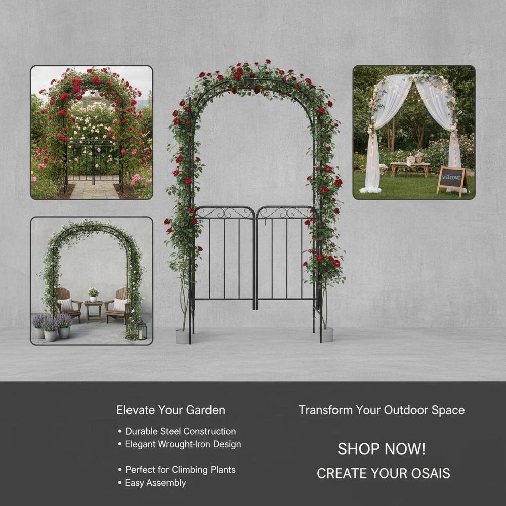 Garden Arch With Gate, Black, 108x45x235 Cm, Steel