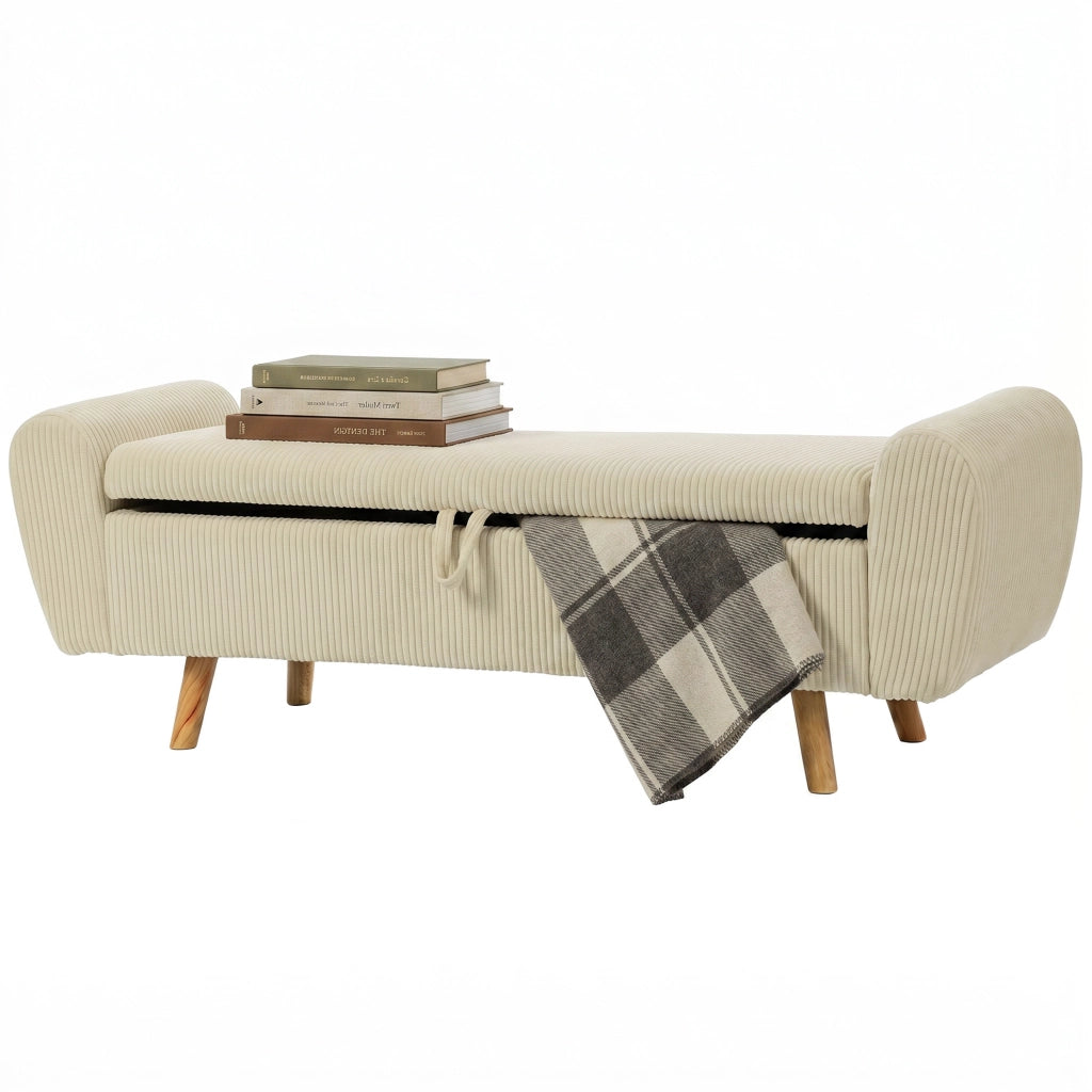 Panca contenitore imbottita 73L ¨C Xylo ¨C velluto a coste beige con braccioli legno