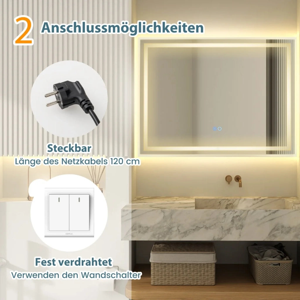 Specchio da Bagno LED 80x60cm Rettangolare da Parete con Luce Dimmerabile 3 Colori e Antiappannamento Touch