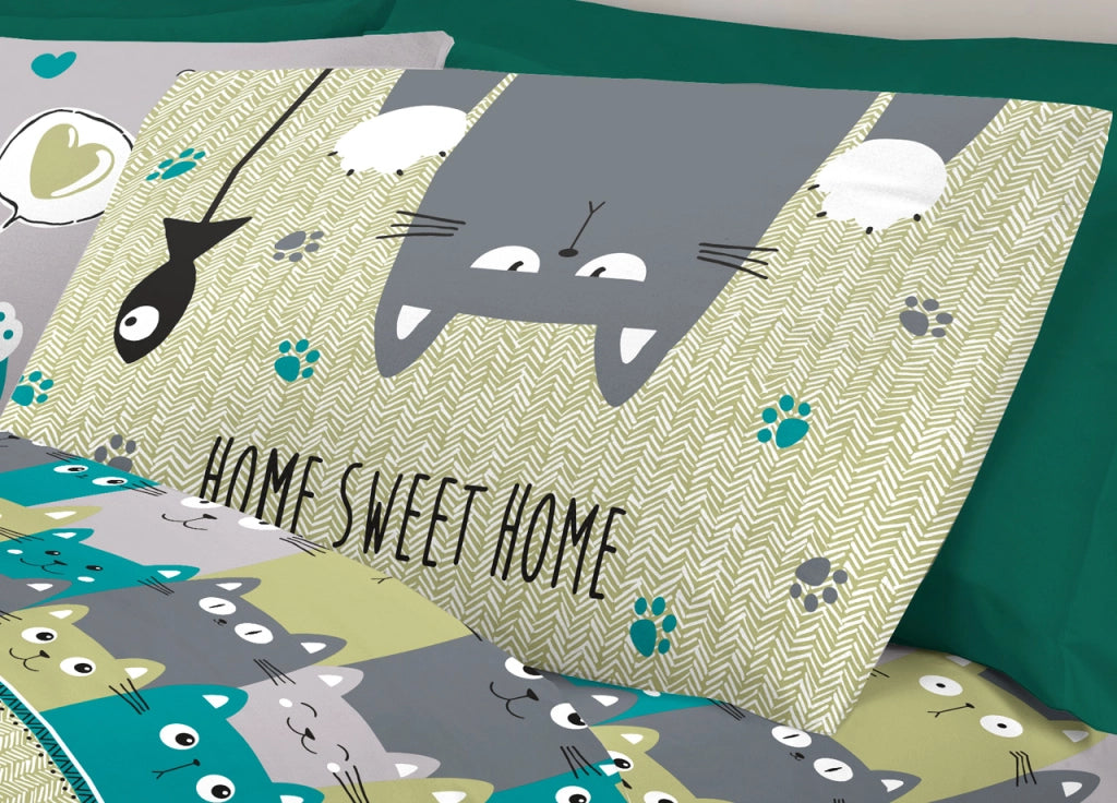 Completo Lenzuola Letto Pensieri Delicati 100% Cotone Disegno Happy Cat - Piazza E Mezza - Verde