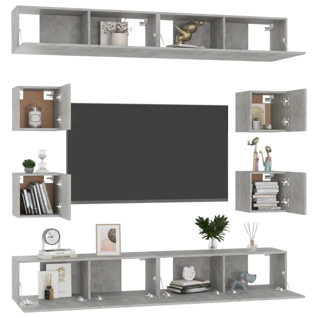 Set di Mobili Porta TV 8 pz | Armadietto TV | Mobile Porta TV Grigio Cemento in Legno Multistrato