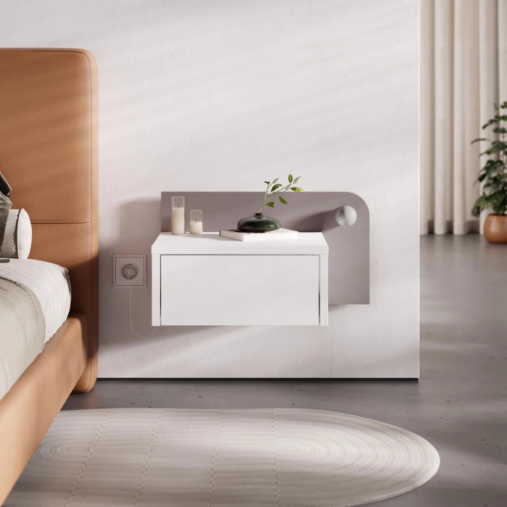 Comodino "Dotta" con lampadina in legno - 52 x 30 x 28 cm - Bianco