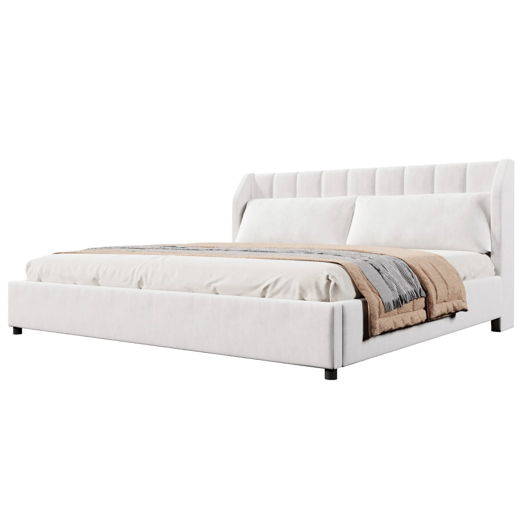 Letto piattaforma imbottito 180x200 cm in velluto francese beige con testiera e rete a doghe
