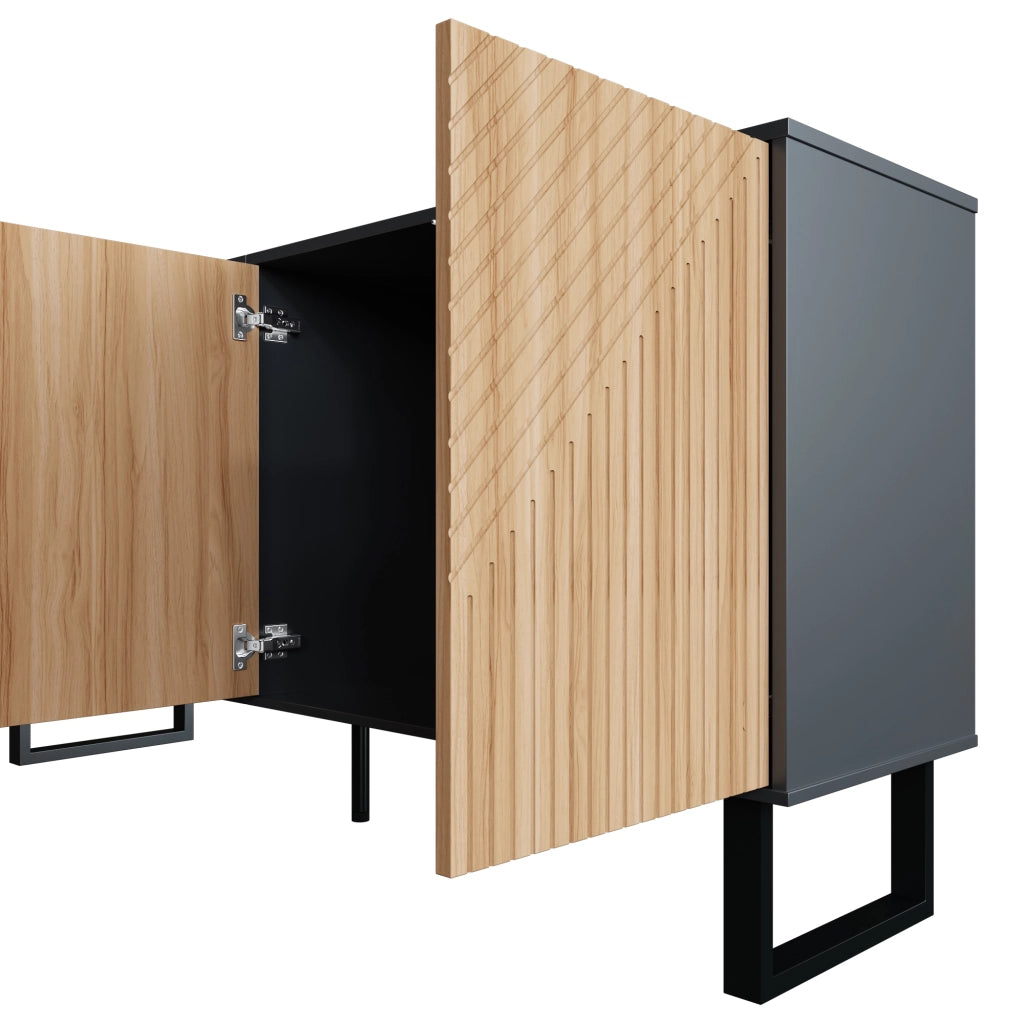 Mobile porta TV moderno con ante effetto legno e frontali a rilievo, nero e naturale 160 × 38 × 75 cm